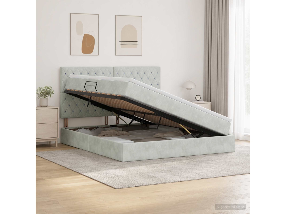 Vidaxl Cama Com Arrumação E Colchão Cinzento-claro 140 X 200 Cm Veludo