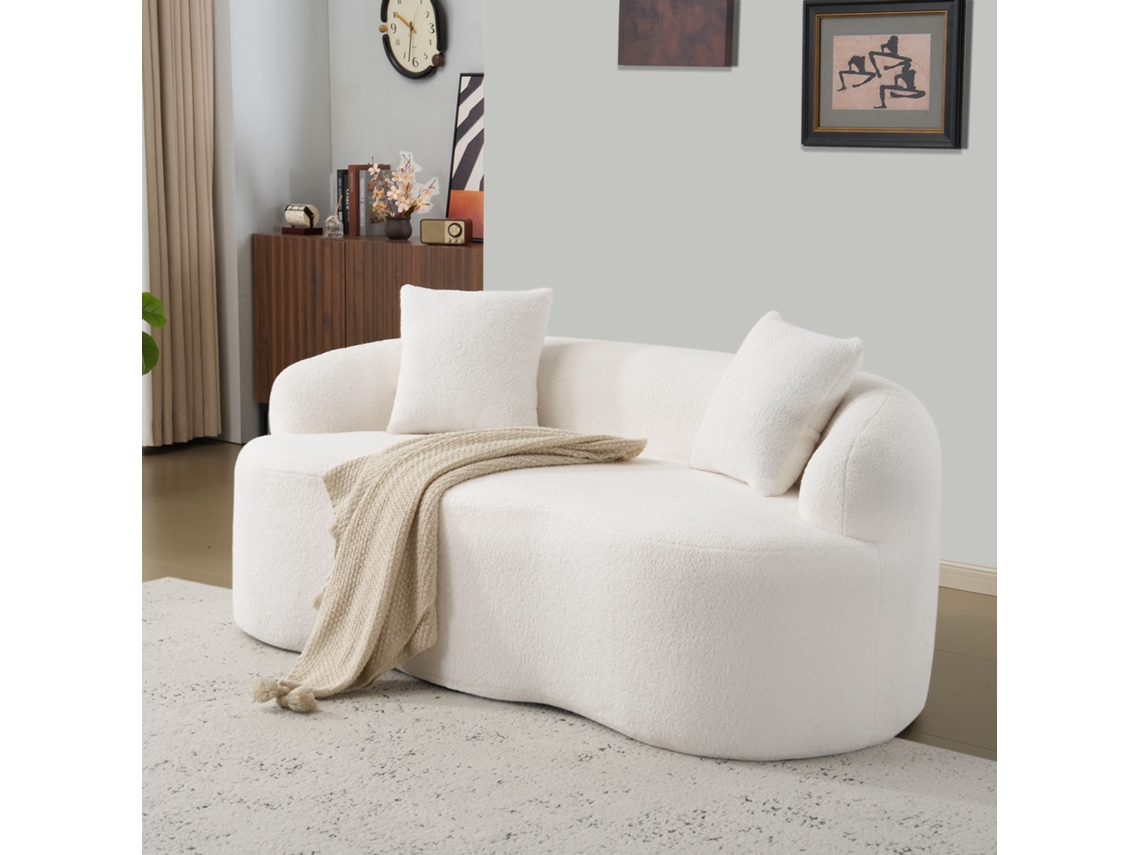 Loveseat Branco Curvo Com Braços Redondos, Sofá Comprimido Com 2 Almofadas, Sofá Creme Para Pequenos Espaços, Sem Montagem