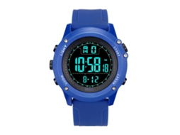 Relógio esportivo eletrônico masculino com pulseira de silicone e visor digital azul celeste.