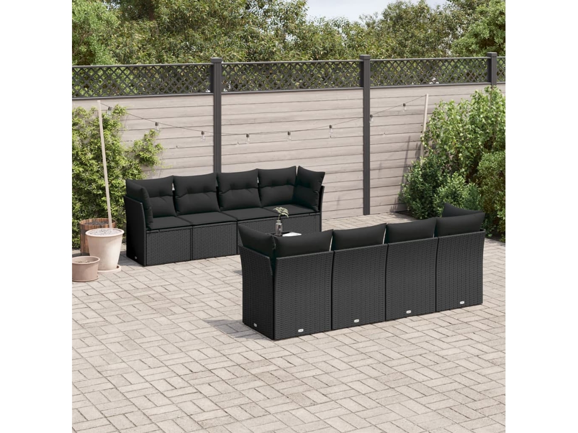 Vidaxl 9 Pcs Conjunto de Sofás P/ Jardim C/ Almofadões Vime Pe Preto