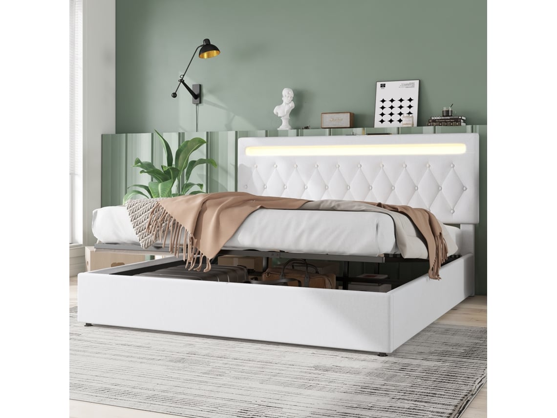 Cama Com Baú Acolchoada 180x200cm Com Led De Cor Variável E Tomadas Usb Branco Mobrio