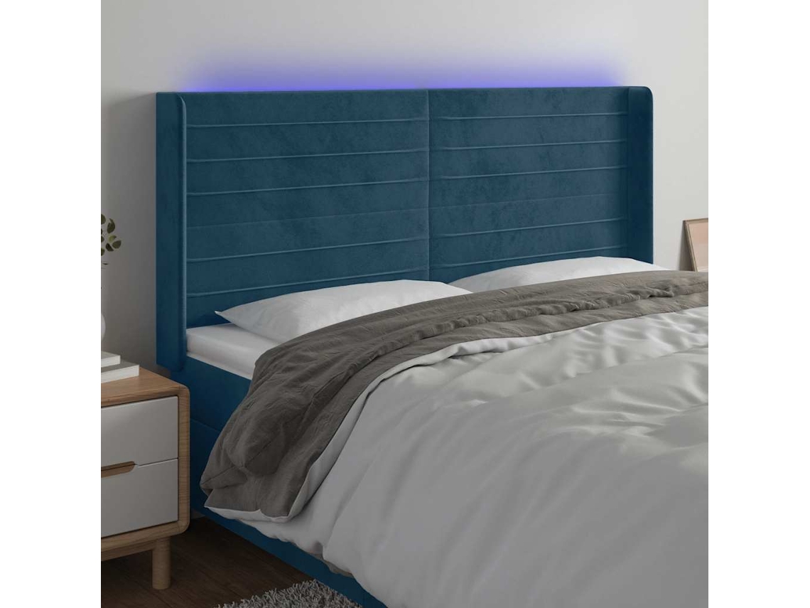 Vidaxl Cabeceira Cama C/ Luzes Led Veludo 163x16x118/128cm Azul-escuro