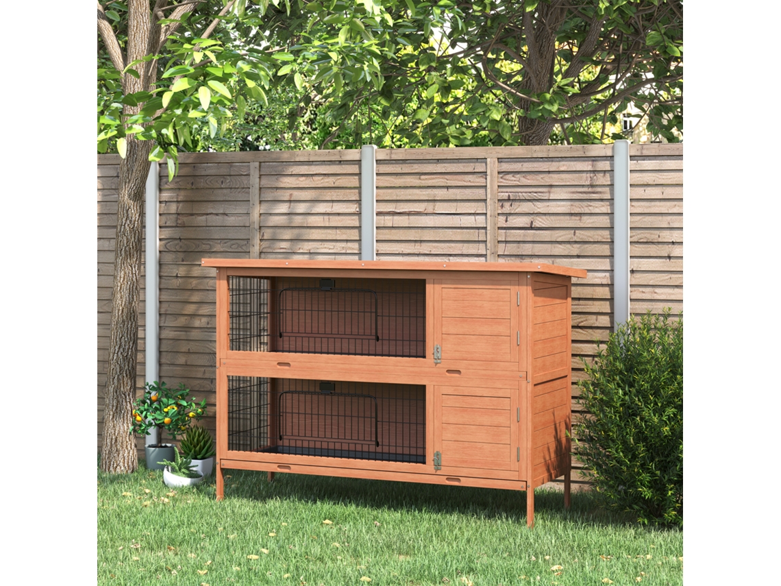 Gaiola Para Coelhos De 2 Andares À Prova De Inverno - 136,4 X 50 X 93 Cm Em Laranja, Madeira Com Telhado De Asfalto E Portas