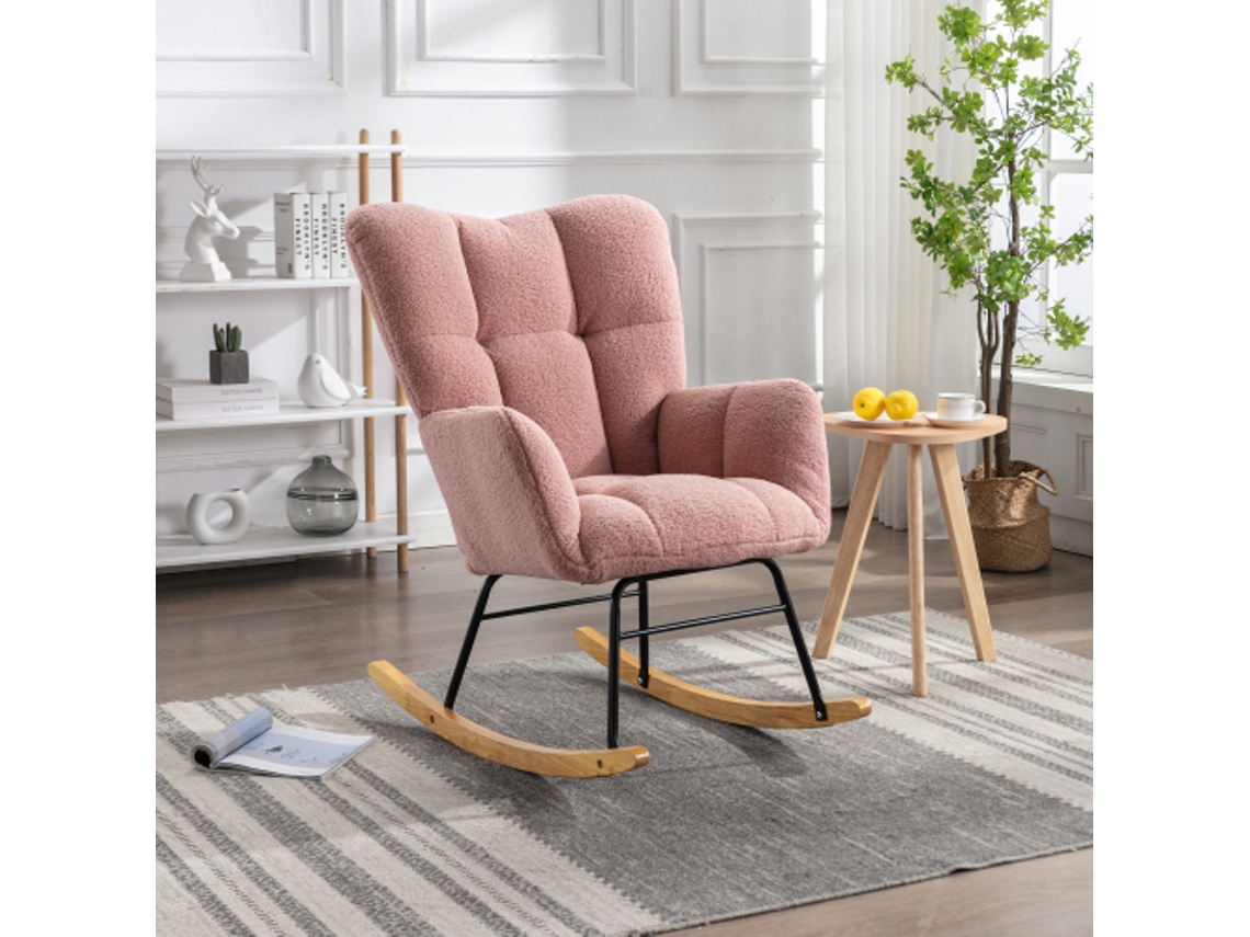 Cadeira de balanço moderna de meados do século em tecido macio com capa tufada e assento acolchoado para sala de estar e quarto, rosa Liptaptyn