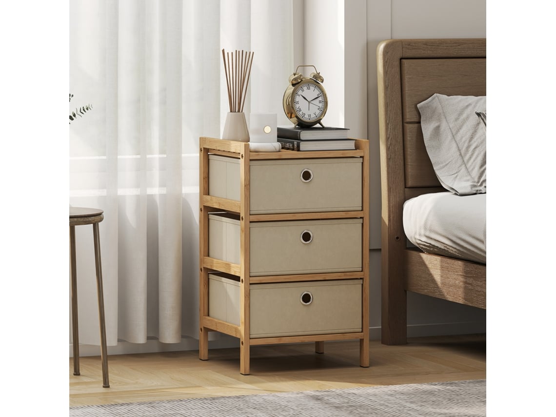 Cômoda De Bambu Crem E Madeira Com 3 Gavetas Em Tecido - Móvel Compacto Para Espaços Pequenos