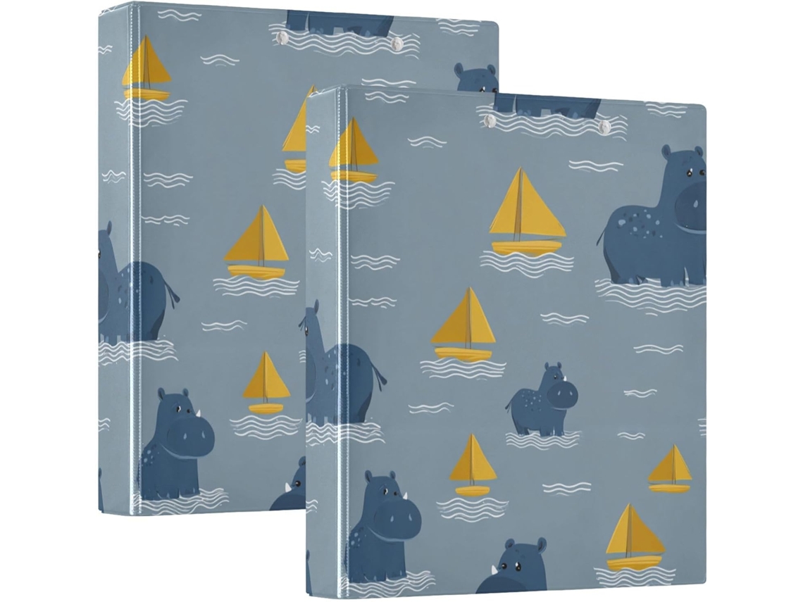 Pasta Escolar Funny Hippo Ocean Cinza 1-1 2 Polegadas, com Anéis e Sacos Redondos, Pacote com 1 2 Unidades, 200 Folhas