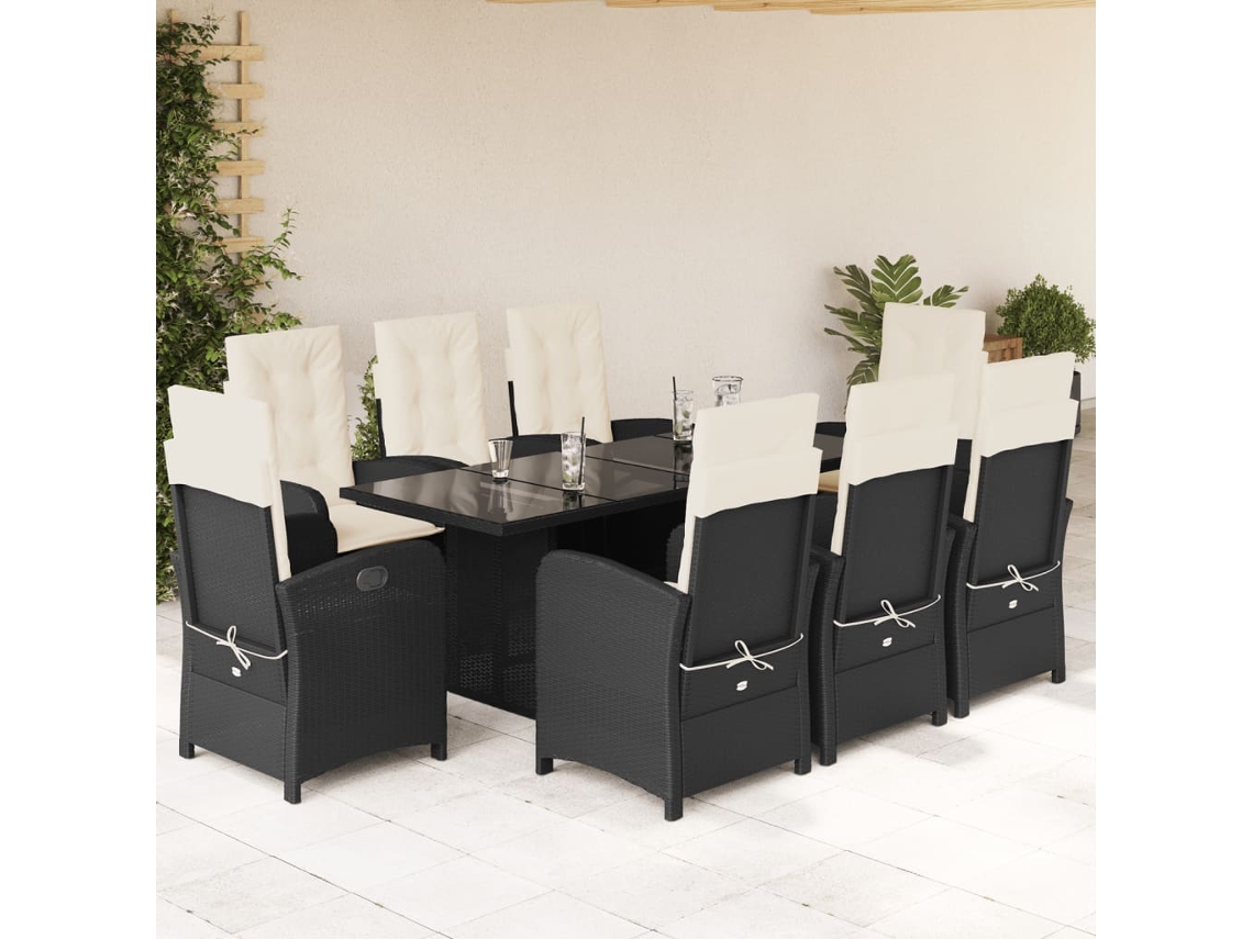 9 Pcs Conjunto De Jantar P/ Jardim C/ Almofadões Vime Pe Preto Dkd Home Decor