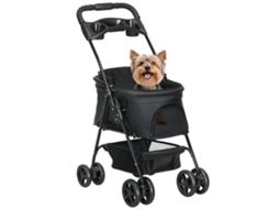 Carrinho para cães dobrável com rodas universais, cesta de armazenamento, janelas e bandeja de malha 67x45x96 cm Preto | S/MARCA