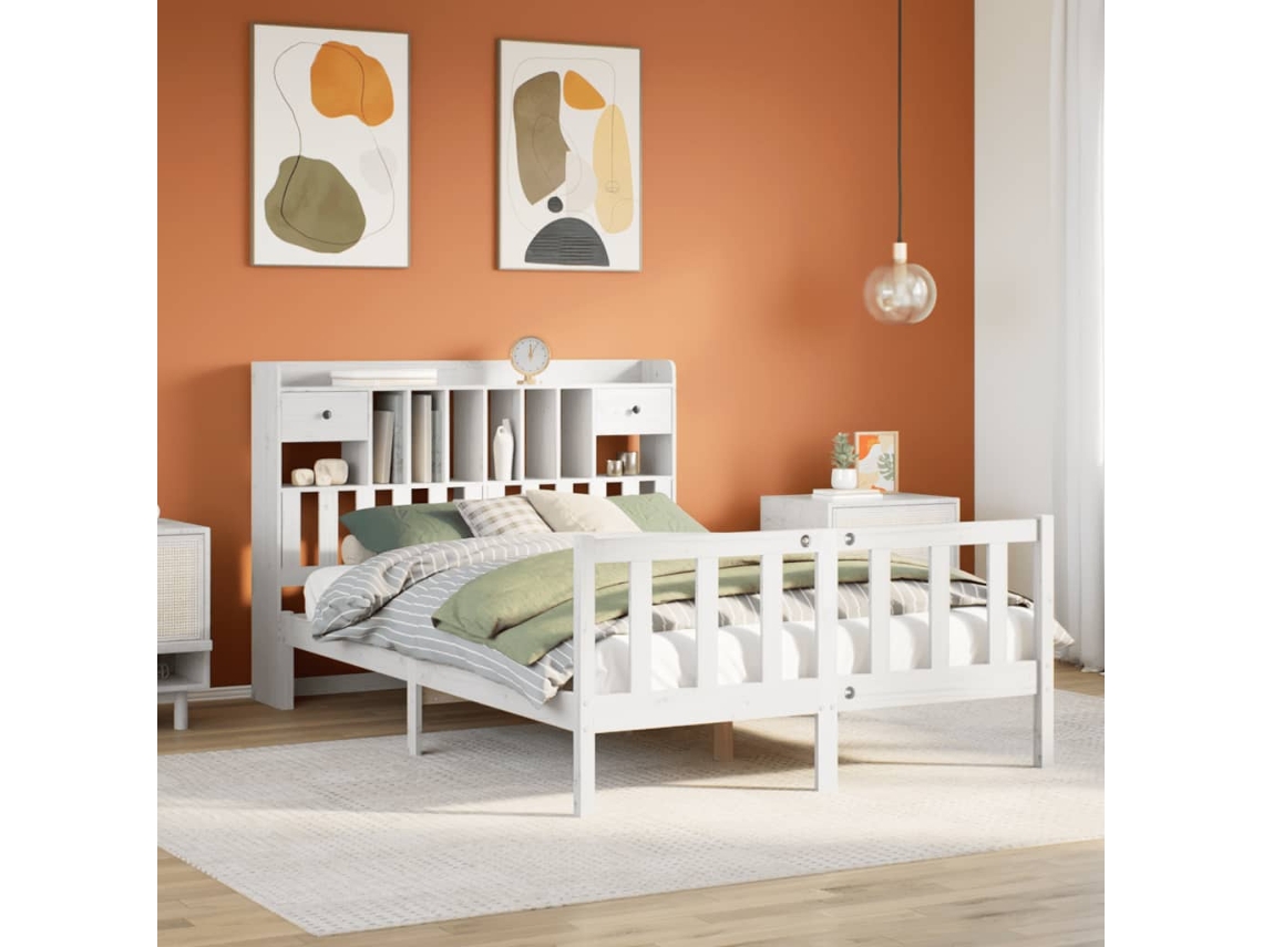 Cama Com Estante Sem Colchão 140x200 Cm Pinho Maciço Branco
