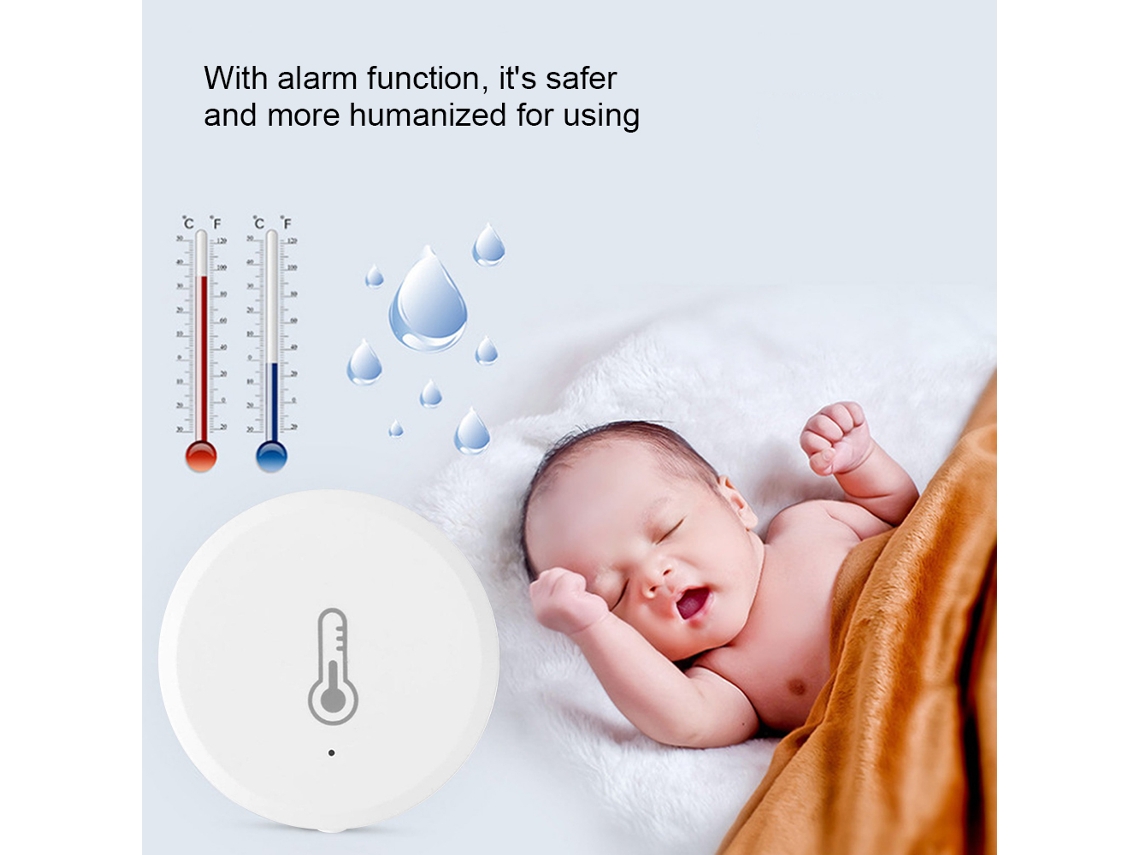 Sensor de temperatura e umidade Zigbee com alarme e controle via app para casa e escritório
