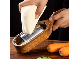 Ralador De Queijo Em Aço Inox Com Cabo Madeira Acácia, Manual Para Queijo, Chocolate, Gengibre, Alho E Vegetais. Aquaforge