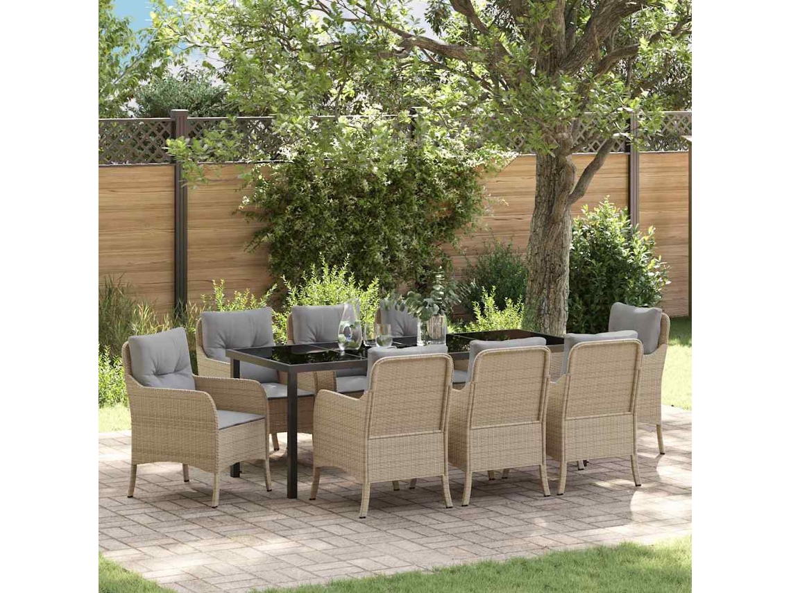 Vidaxl Conjunto De Jantar Para Jardim Com Almofada 9 Pcs Bege Vime Pe