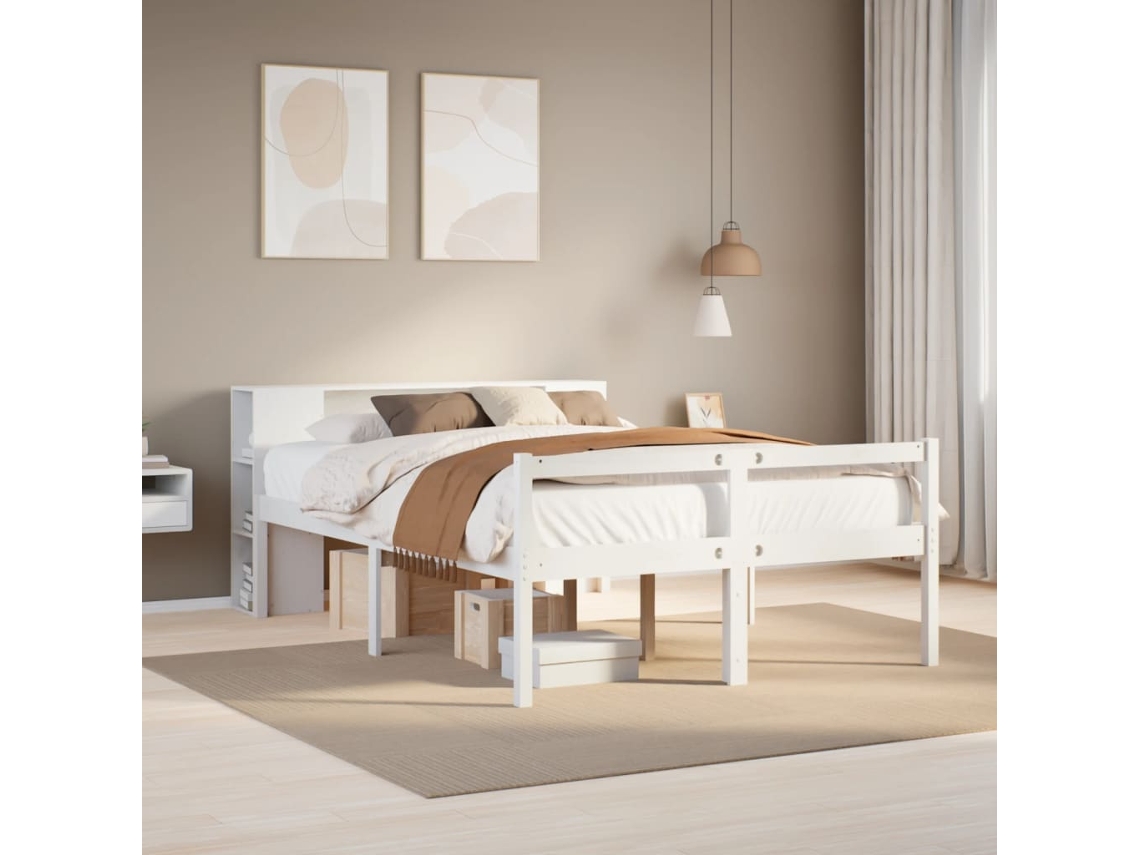 Vidaxl Cama Com Estante Sem Colchão 135x190 Cm Pinho Maciço Branco