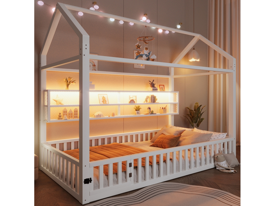 Cama Plataforma 90x200 Com Led, Grades E Segurança Branca