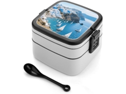 Marmita Bento Santorini Seascape De Camada Dupla Para Adultos Com Colher E Alça, À Prova De Vazamentos, Marmita