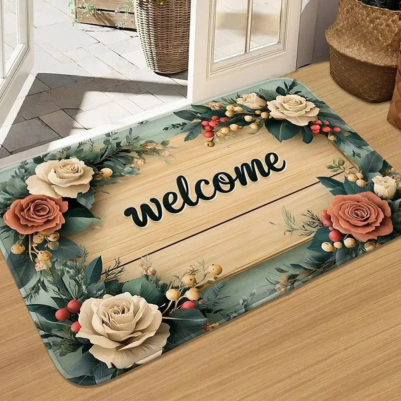 Tapete De Entrada Com Estampa Floral Retrô E Textura De Madeira (estilo 1, 50x80cm).
