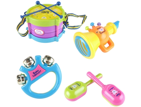 Brinquedos Musicais  Conjunto de Instrumentos com Iluminação (Tambor, Maracas, Guizos e Corneta)