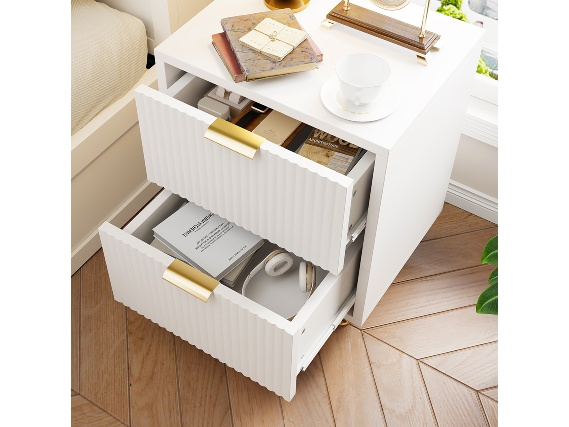 Mesa De Cabeceira, Conjunto De 2, Branca, 2 Gavetas, 40x40x55 Cm, Puxadores E Pés Em Metal, Moderna, Sala, Quarto, Mesas De Cabeceira Brancas