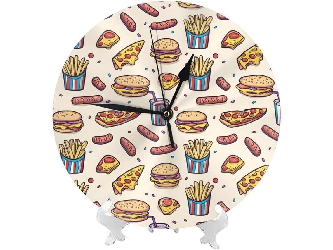 Relógio De Parede A Bateria, 25cm 10 Polegadas, Com Estampa De Hambúrgueres, Pizza E Batatas Fritas, Moderno E