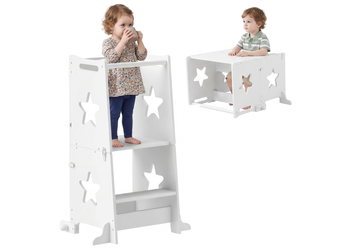 Torre Aprendizagem 2‑em‑1 Conversível Mesa E Cadeira Com Barra Segurança 60x44,5x86 cm Branco, Mobiliário Montessori