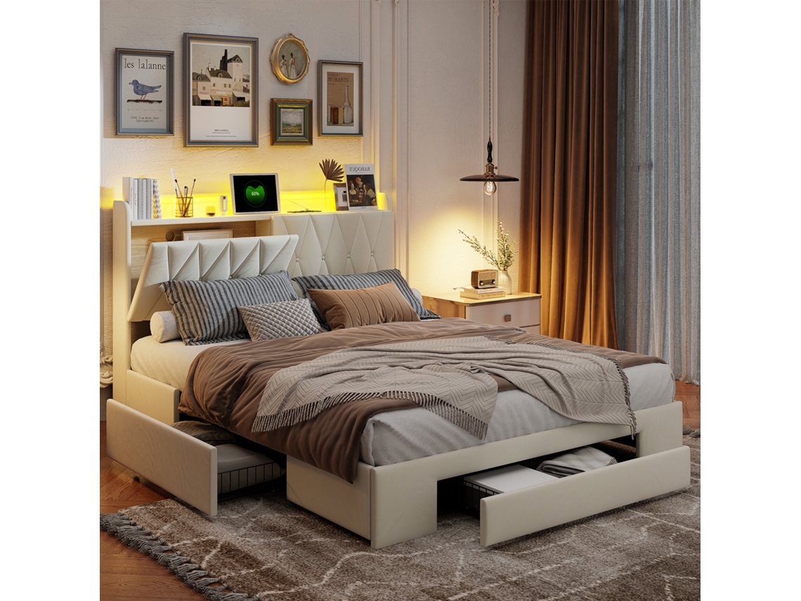Cama de armazenamento 140x190 cm, ripas, luz RGB LED, sistema hidráulico, estrado anti poeira, linho bege | ROSAHQNDA
