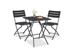 Conjunto De Mobiliário De Varanda Relaxdays, 3 Peças, 1 Mesa E 2 Cadeiras, Dobrável, Jardim Em Madeira E Aço, Preto