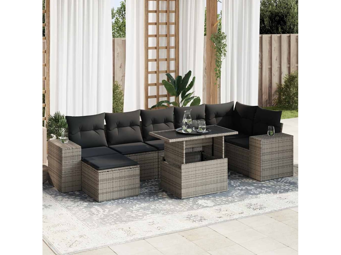 Vidaxl 8 Pcs Conjunto Sofás De Jardim C/ Almofadões Vime Pe Cinzento