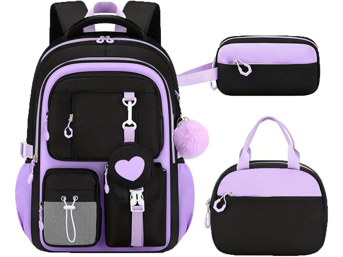 Conjunto Mochila Escolar Feminina, 3 Peças: Com Lancheira, Estojo Mini Bolsa Em Formato Coração. Leve