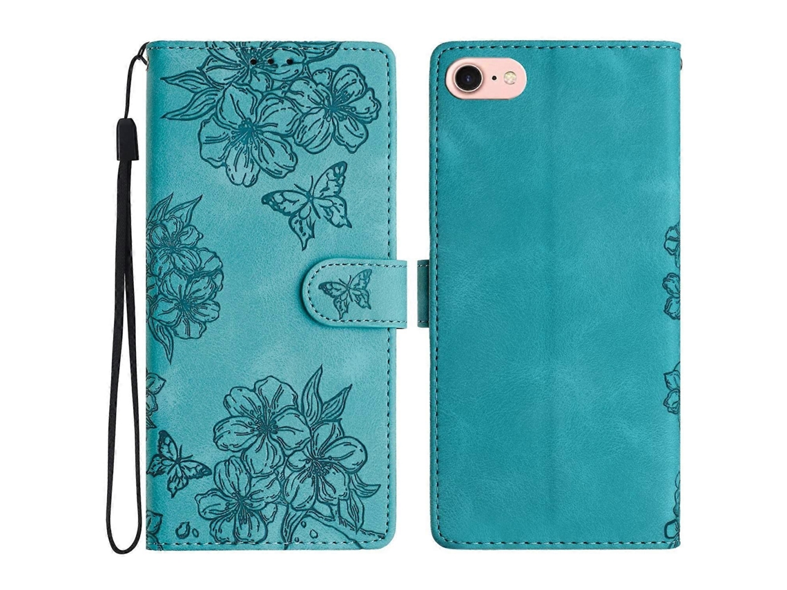 Capa De Couro Com Estampa De Borboleta E Flor Para Iphone 16e - Verde