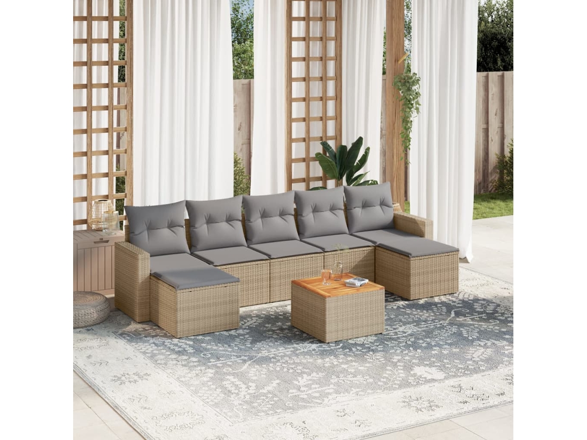 Vidaxl 8 Pcs Conj. Sofás Jardim C/ Almofadões Vime Pe Bege Misturado