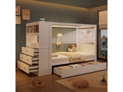 Cama Infantil 90x200cm, Grade, Gaveteiro 5 Gavetas + 1 Com Rodízios, Muito Armazenamento, Pinho/pb, Branco E Natural.