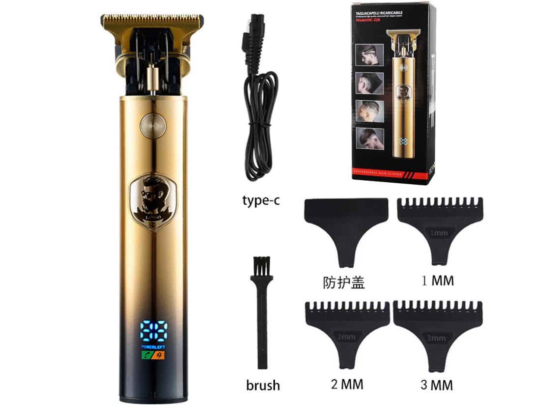 Máquina Cortar Cabelo Elétrica Com Visor Digital Dourado Degradê