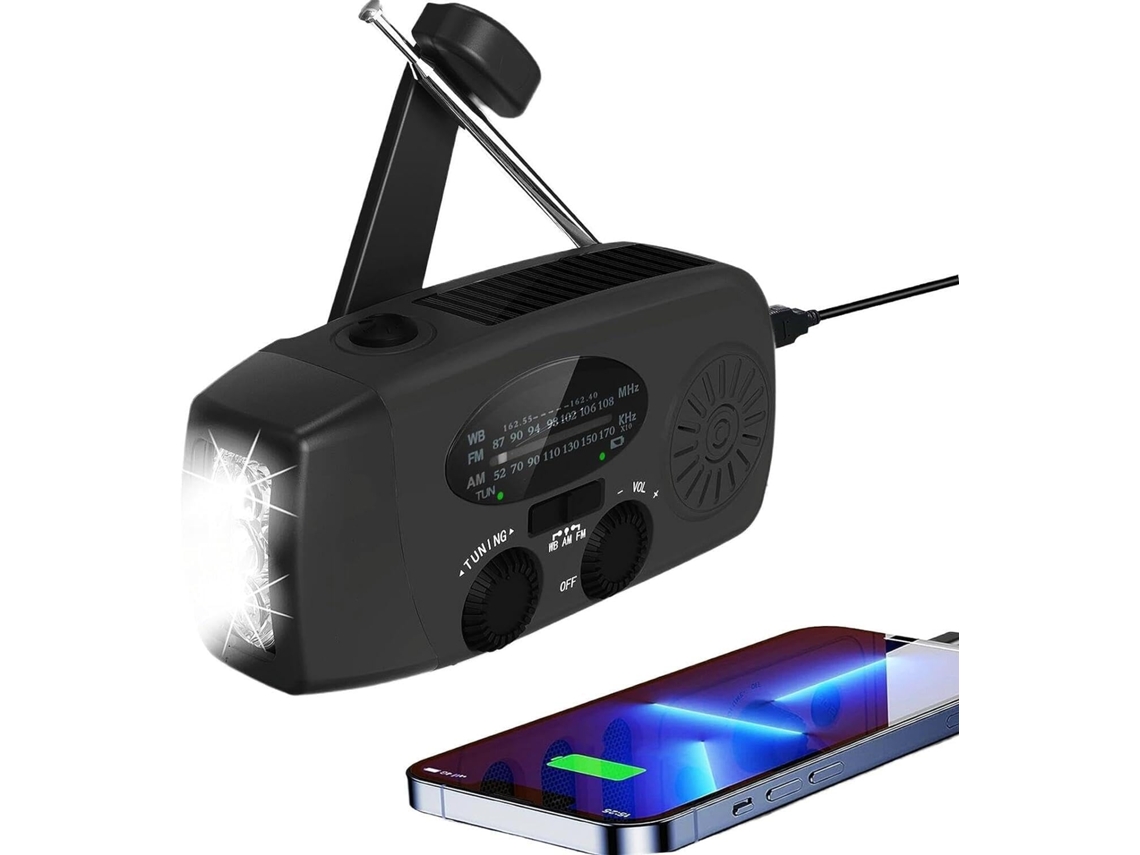 RÁDIO DE EMERGÊNCIA solar, manivela, bateria externa 2000mAh, SOS, vermelho AQUAFORGE
