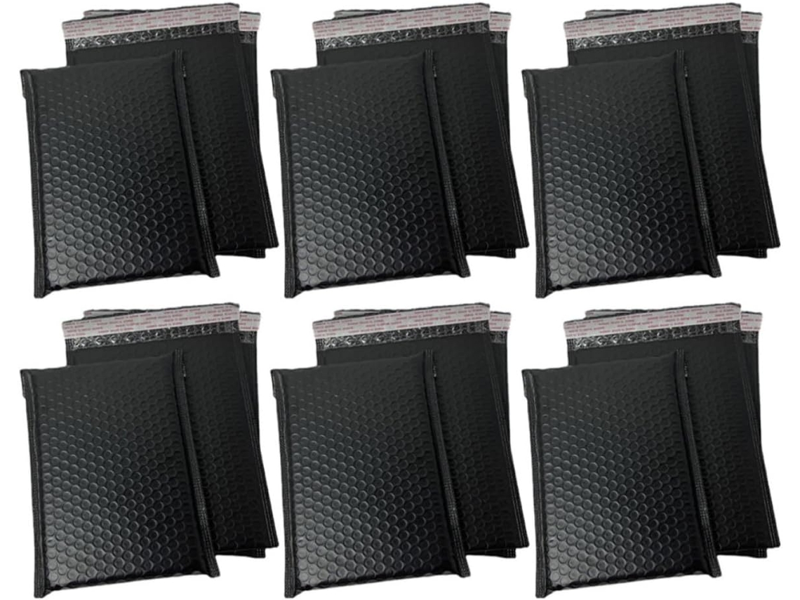 Pacote com 50 Sacos de Plástico Bolha Pretos em PE, Fáceis de Usar e Resistentes a Impactos, para Pequenos Vendedores Online.