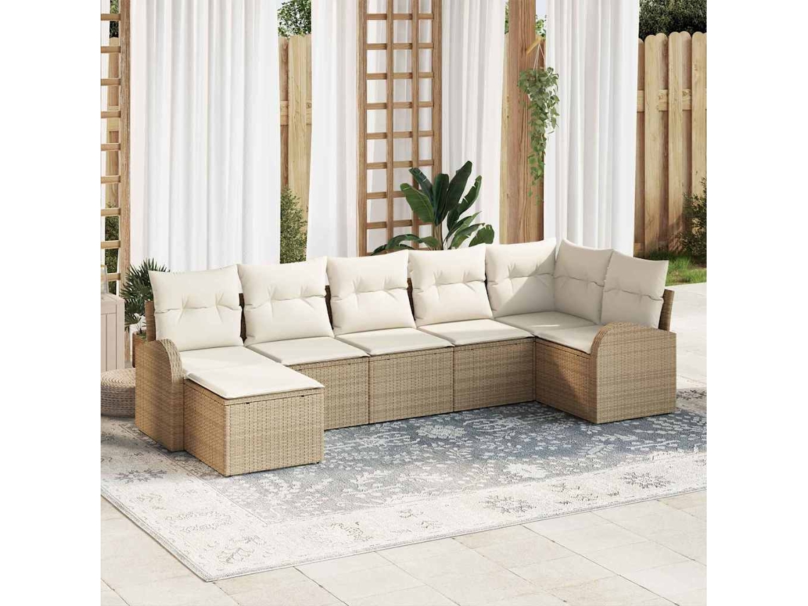 Vidaxl Conjunto de Sofás com Almofada 7 Pcs Bege Vime Pe