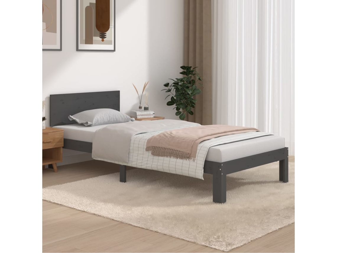Estrutura De Cama 90x200 Cm Pinho Maciço Cinzento