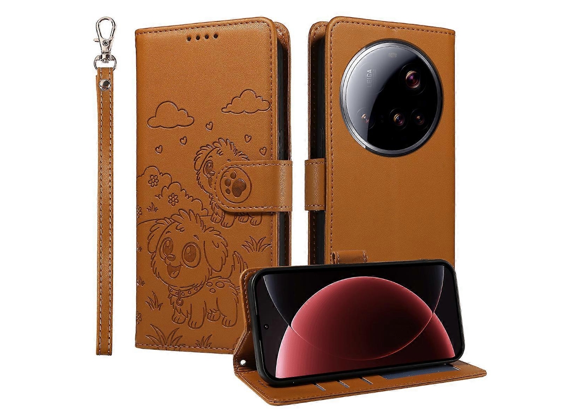 Capa Tkdaddy Para Xiaomi 15 Ultra Com Bloqueio Rfid E Estampa De Cachorro Em Couro Pu Com Alça De Pulso Marrom