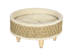 Cama Elevada Com Almofada Lavável E Corda De Seagrass, Estrutura De Madeira, Diâmetro 48x24,5 Cm, Bege