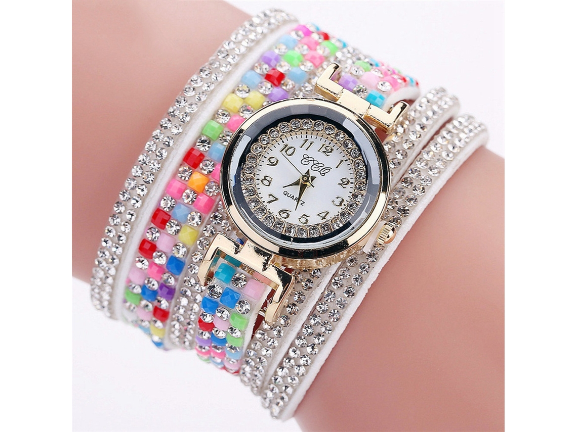 Relógio de Pulso Feminino Quartzo com Strass Pulseira Multicamada Camurça Branco Fashion