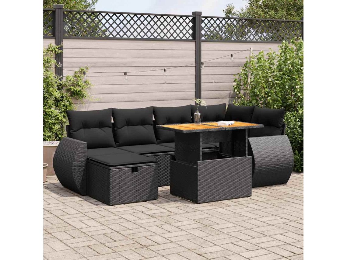 Vidaxl 8 Pcs Conjunto Sofás Jardim Com Almofadões Vime Pe/acácia Preto