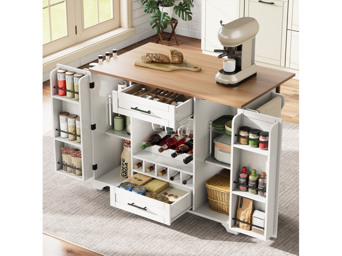 Carrinho Cozinha Branco 120x45/70x92cm, Bancada Dobrável, Suportes Vinho/copos/temperos/toalhas. Cs