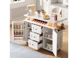 Ilha De Cozinha Móvel Com Bancada Dobrável, Carrinho De Cozinha, 5 Rodas, Prateleira Na Porta, Adega E Suporte Para Copos, 120*42(60)*93 Cm
