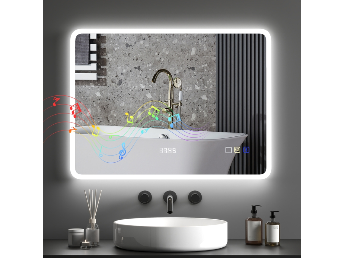 Espelho De Banheiro Com Luz Led 80x60 Cm Com Bluetooth, 3 Cores De Função Antiembaçante, De Memória, Ip44