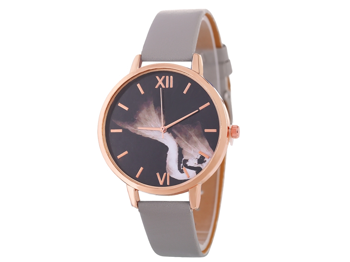 Relógio de Pulso Feminino de Quartzo com Pulseira de Couro Pu Estilo Simples Mostrador Redondo Cinza