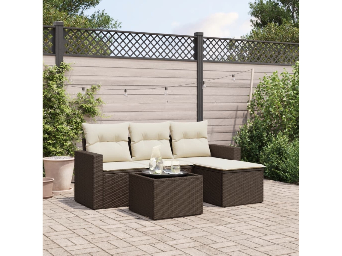 Vidaxl 5 Pcs Conjunto Sofás P/ Jardim C/ Almofadões Vime Pe Castanho