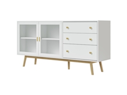 Aparador 2 portas vidro e 3 gavetas 160x40x80 Cm pés de madeira de borracha, branco | S/MARCA