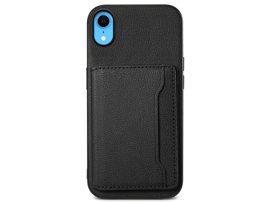 Capa Em Tpu Pele Pu Textura De Gémeo, Com Suporte Para Apple Iphone Xr - Preto
