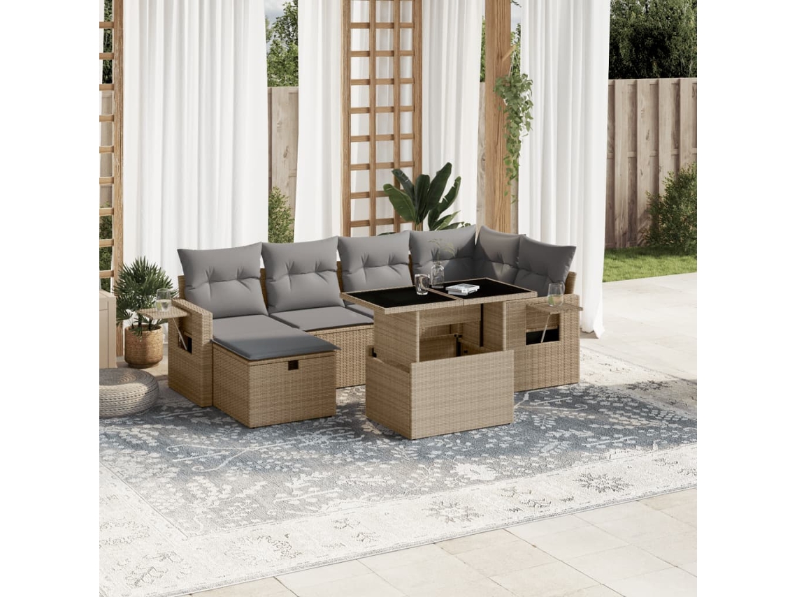 Vidaxl 7 Pcs Conjunto De Sofás P/ Jardim Com Almofadões Vime Pe Bege