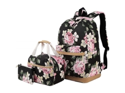 Mochila escolar floral 3 em 1 com bolsa de almoço, porta USB, durável, para meninas e mulheres, preto S/MARCA