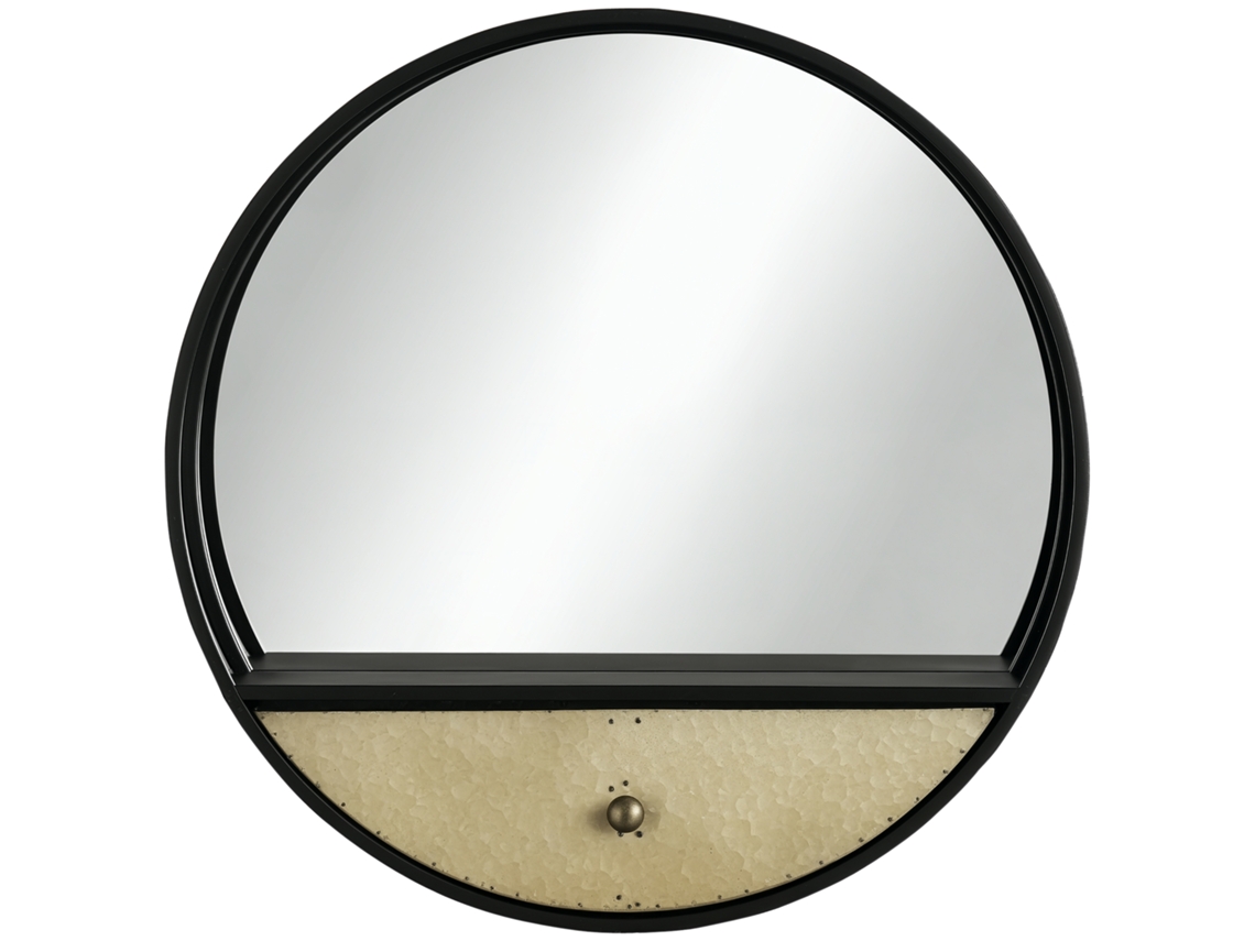 Espelho de Parede Redondo Ø61cm. Espelho Decorativo com Gaveta e Moldura em Metal e Mdf. Preto Ge
